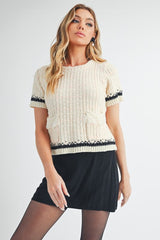 Round Neck Short Sleeve Tweed Sweater Aemi + Co