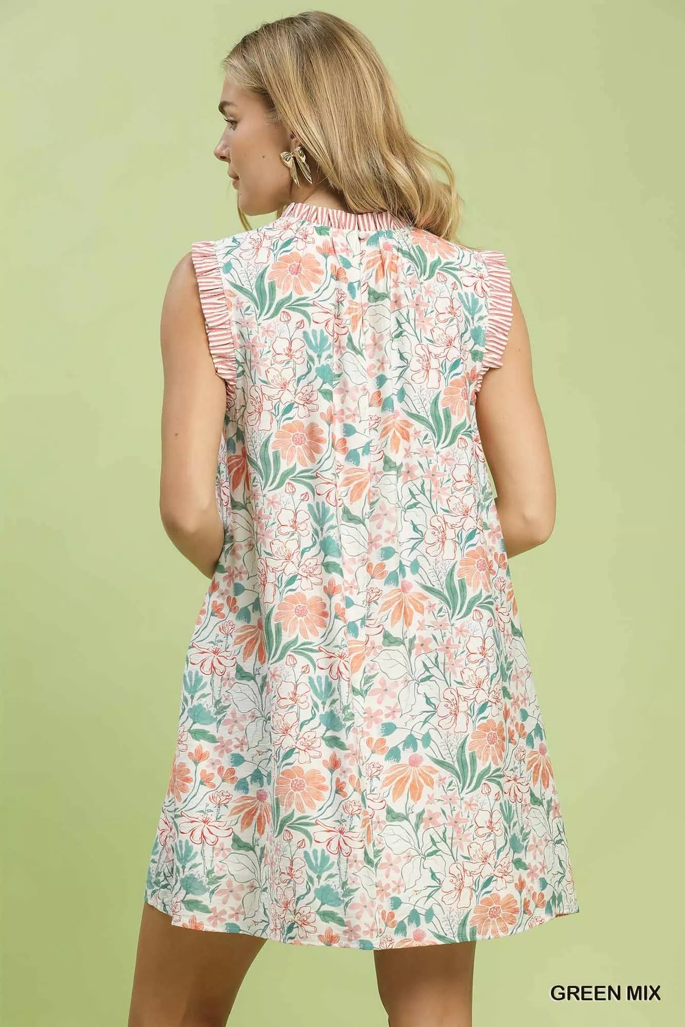 Floral Print Babydoll Sleeveless Dress With Pockets Umgee