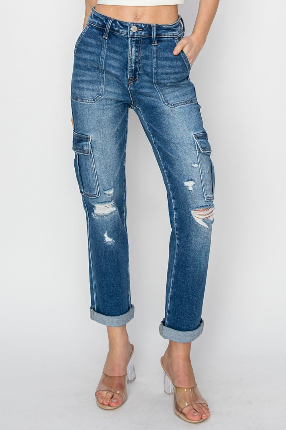 High Rise Cargo Ankle Roll Up Straight Jeans Risen   