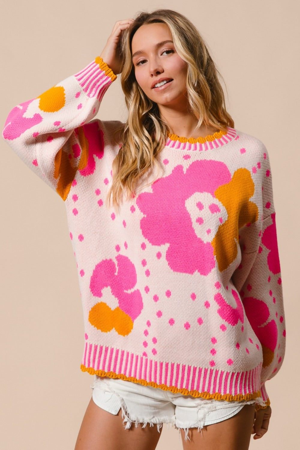 Flower Pattern Contrast Sweater BiBi Pink Combo S 