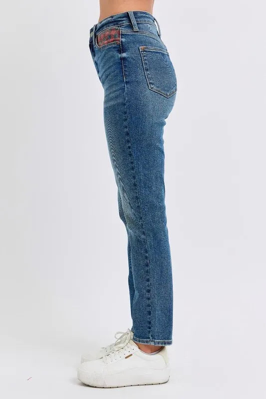High Waist Plaid Patch Slim Fit Jeans Plus Size Judy Blue