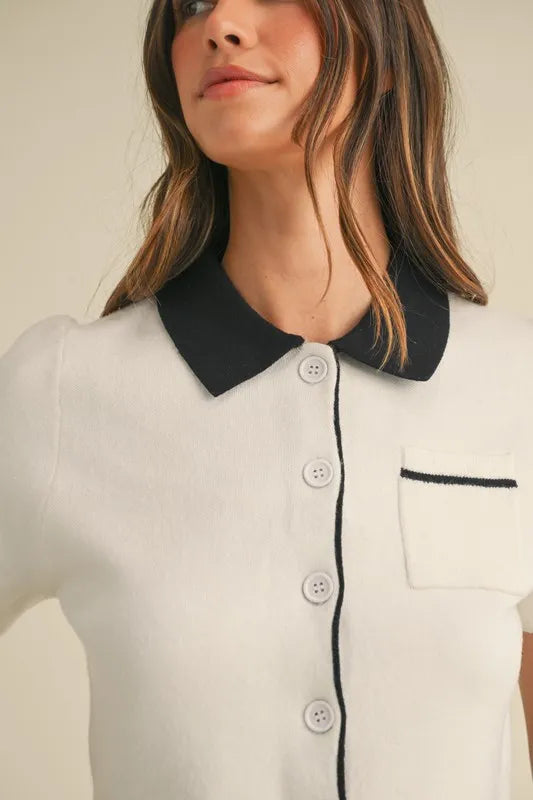 Button Down Contrast Collared Knit Cardigan Mable