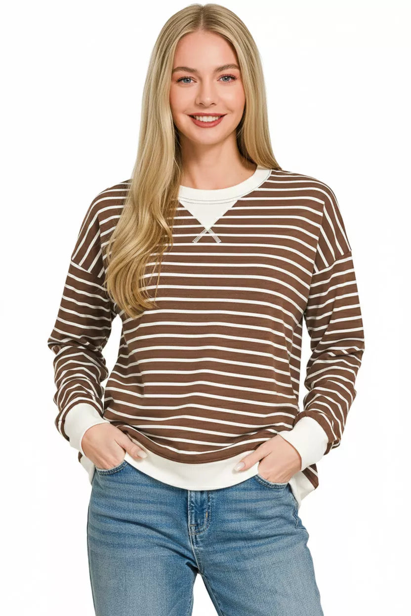 Contrast Striped Round Neck Sweatshirt ZENANA