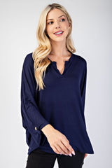 Notched Three-Quarter Sleeve Blouse Celeste   