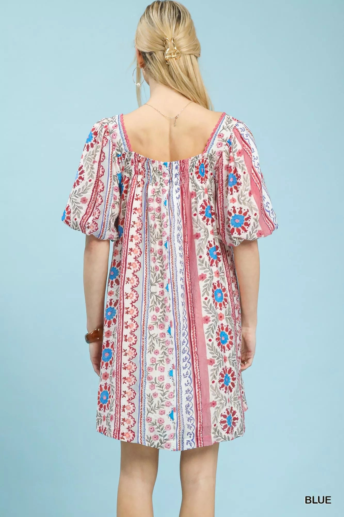 Mixed Print Puff Sleeve Mini Dress Umgee