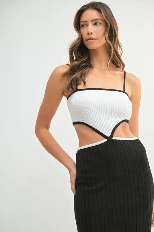 Ribbed Knit Color Block Cutout Midi Dress Mable