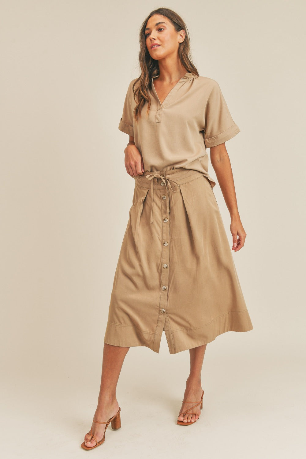 Short Sleeve Top and Button Down Midi Skirt Set Mable   