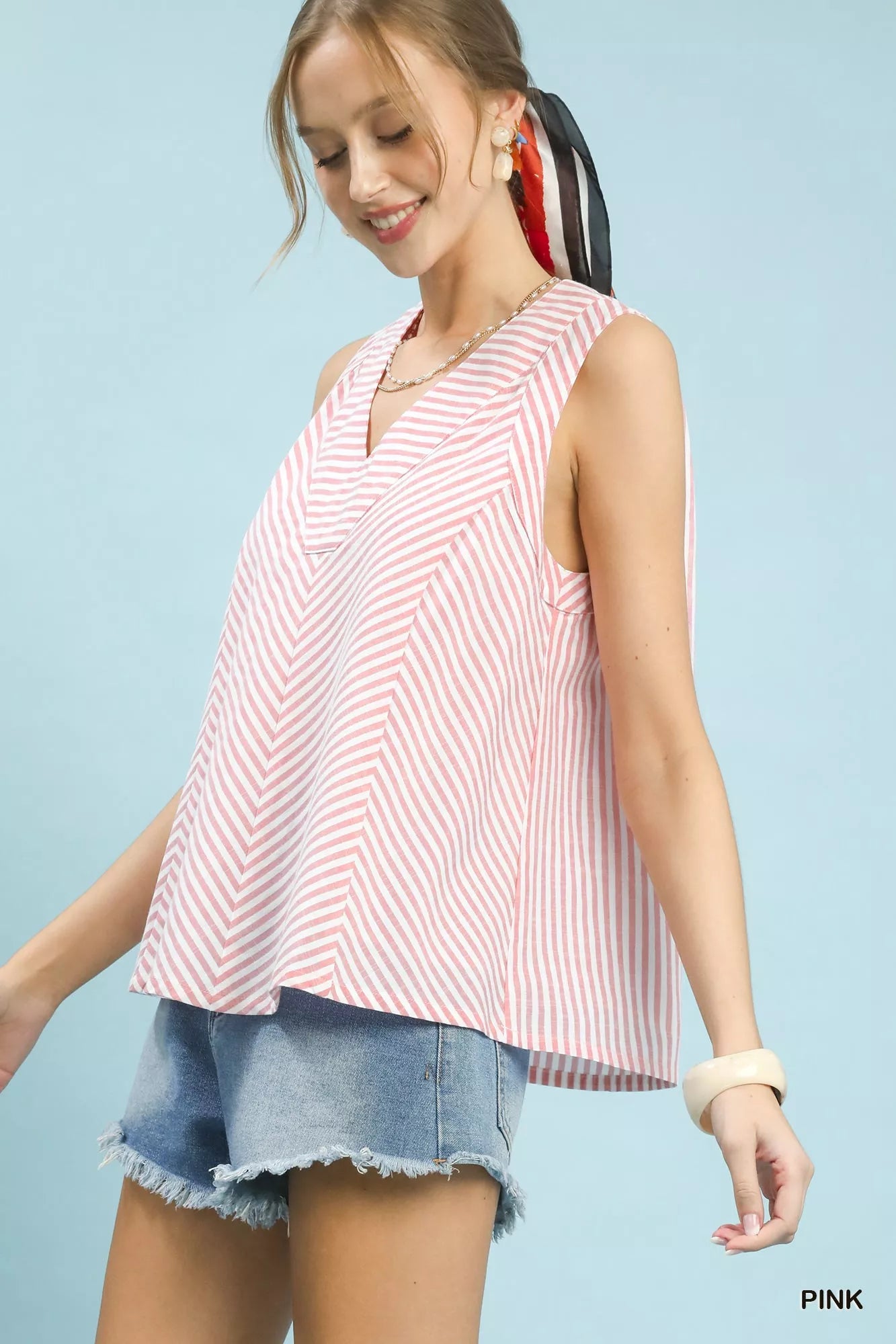 Umgee Mixed Stripe Sleeveless V-Neck Top Trendsi