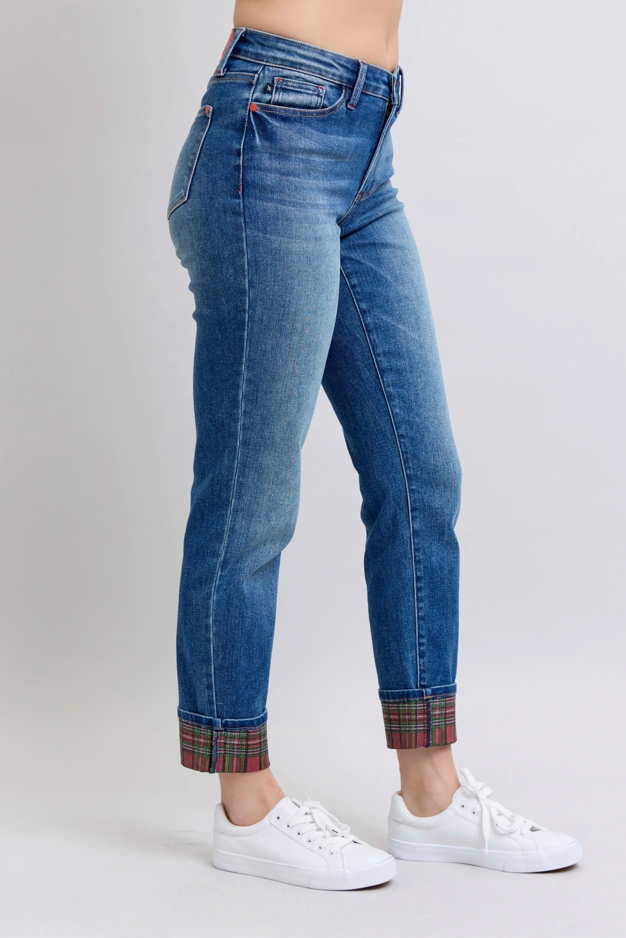 Mr Plaid Print Cuff Boyfriend Jeans with Plus Size Judy Blue