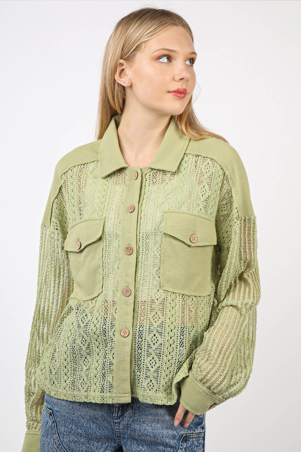 Button Up Long Sleeve Lace Shirt with Pockets Very J Sage S 