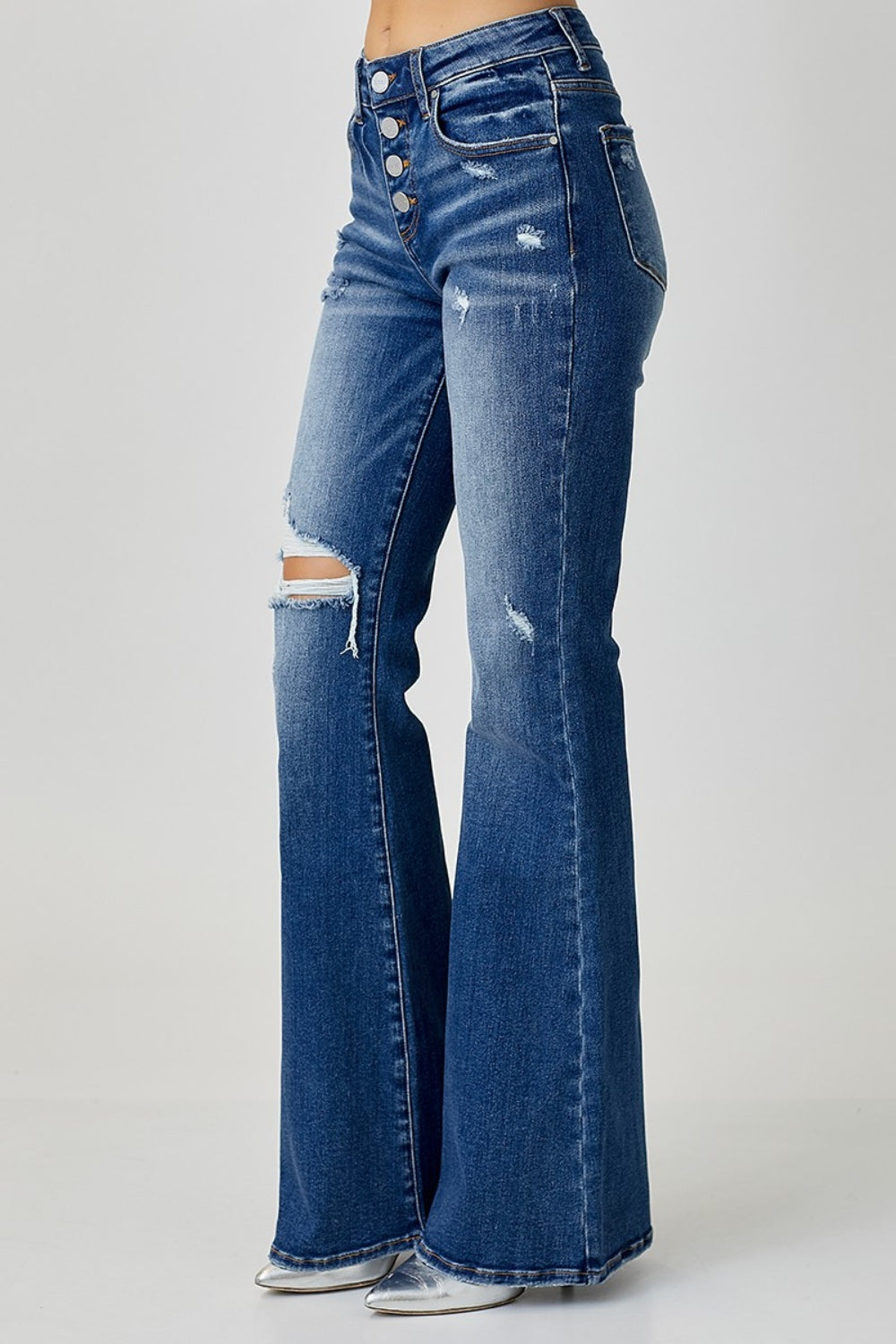 Distressed Button-Fly Flare Jeans Risen   