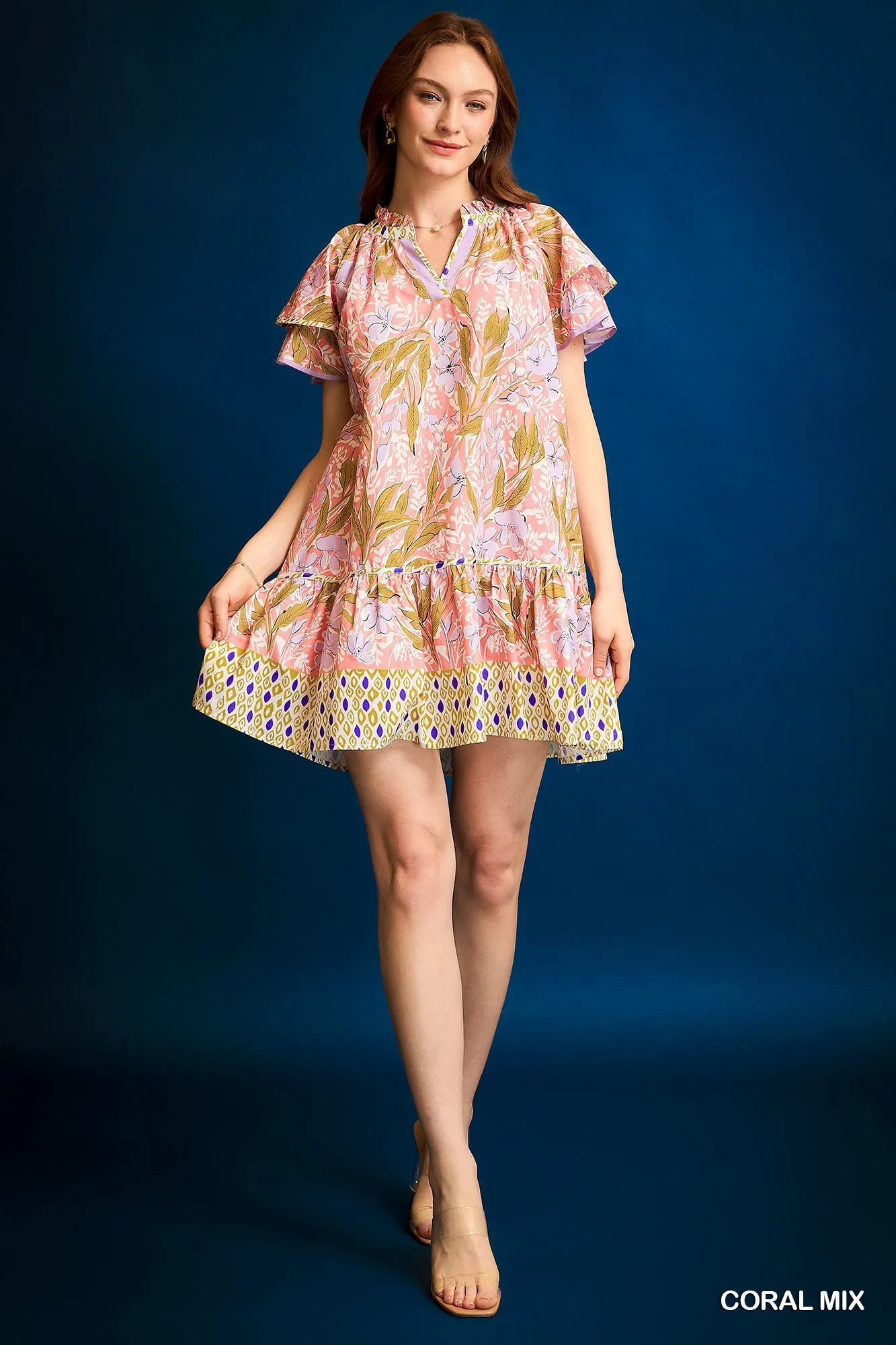 Floral Ruffle-Sleeve Tunic Dress Umgee