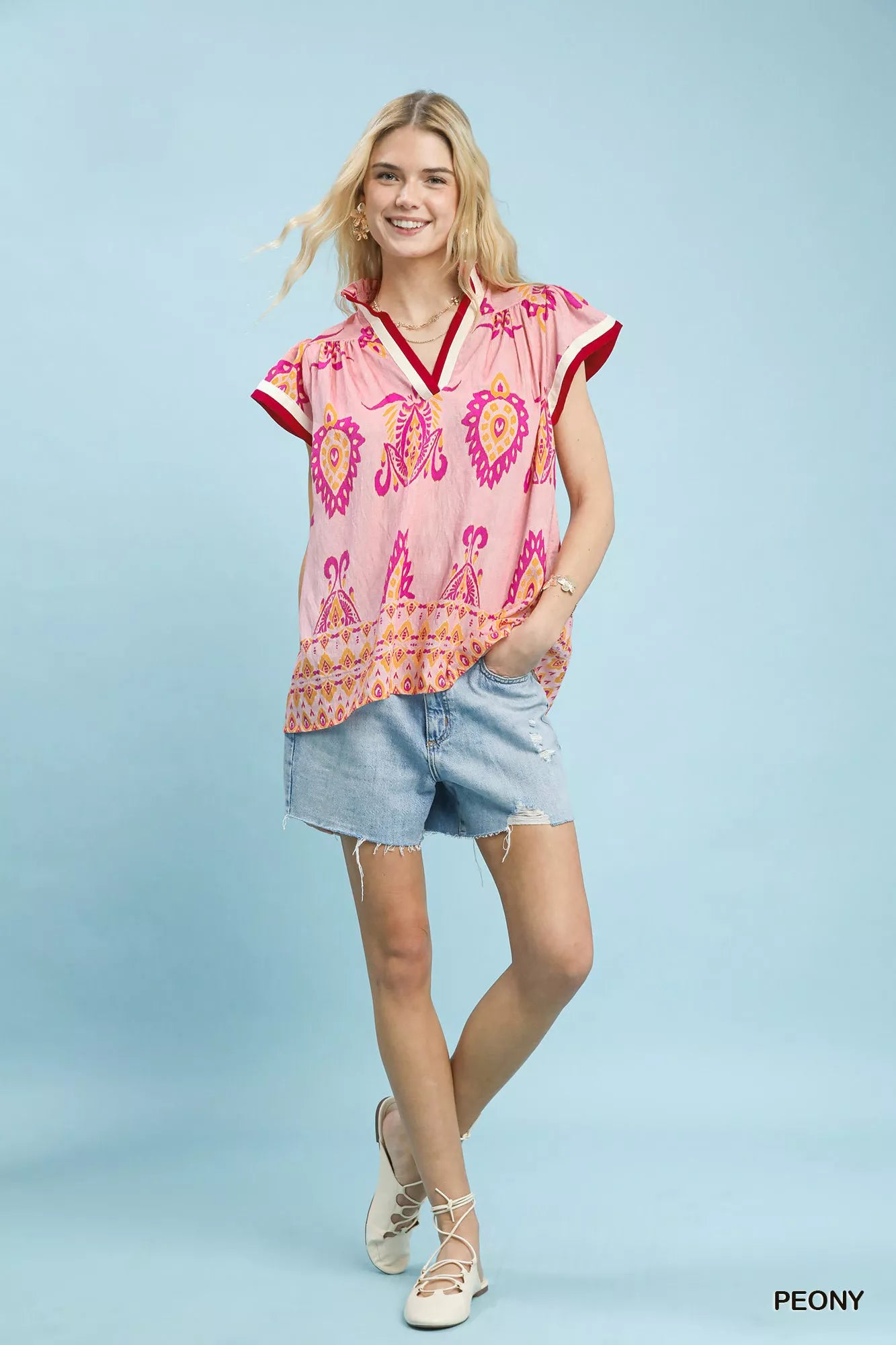 Border Print Split-Neck Boho Top Umgee