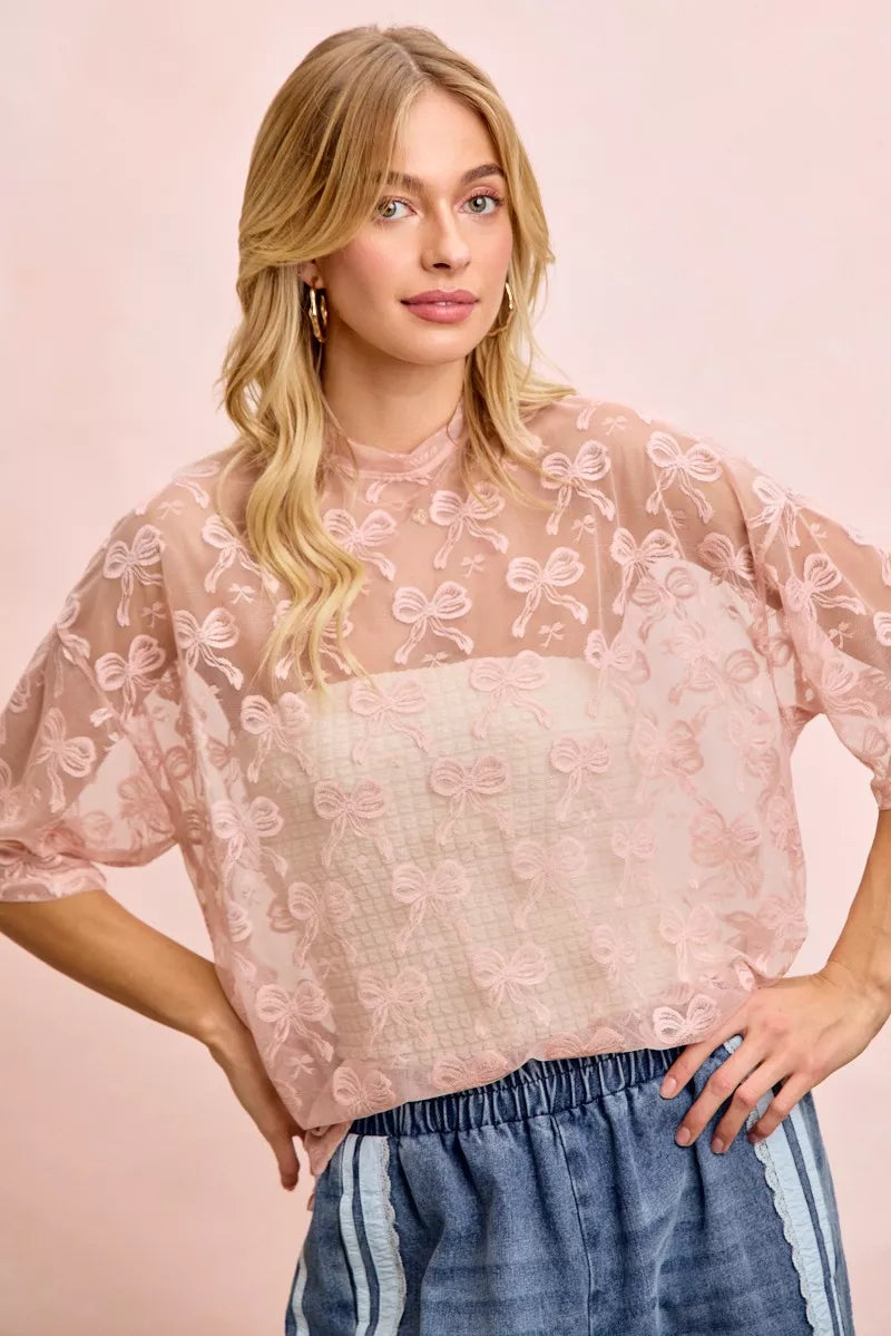 Bow Pattern Short Sleeves Boxy Mesh Top BiBi