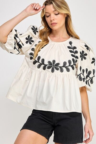 Puff-Sleeve Embroidered Peplum Blouse Sage + Fig Cream S