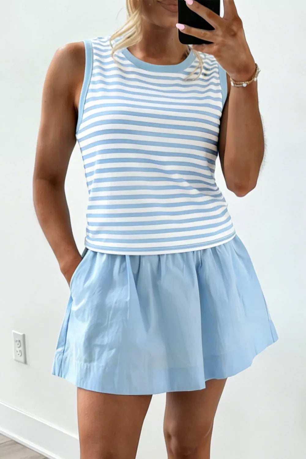 Stripe Slim Tank + Contrast Ruffle Mini Skort Set (2‑Piece) Simmer & Fay