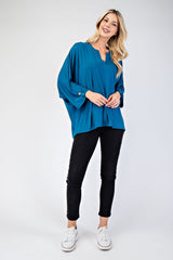 Notched Three-Quarter Sleeve Blouse Celeste   