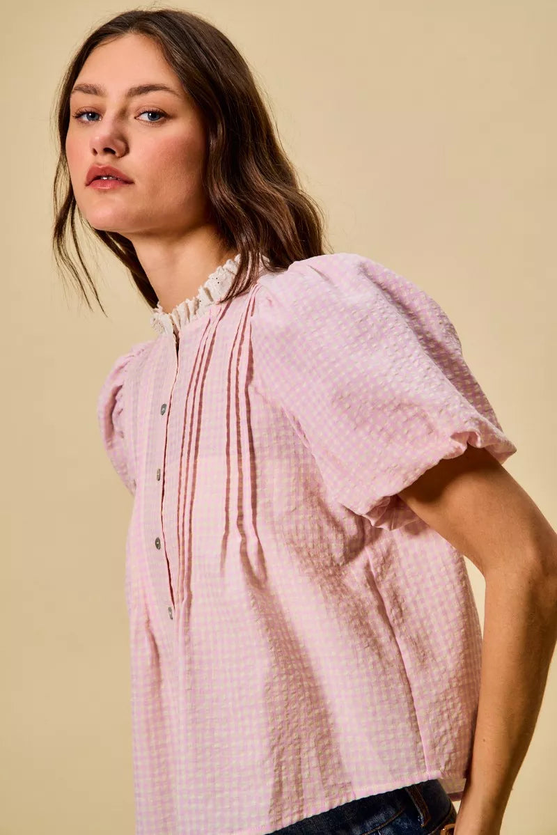 Gingham Lace Trim Button Bubble Sleeves Blouse So Me