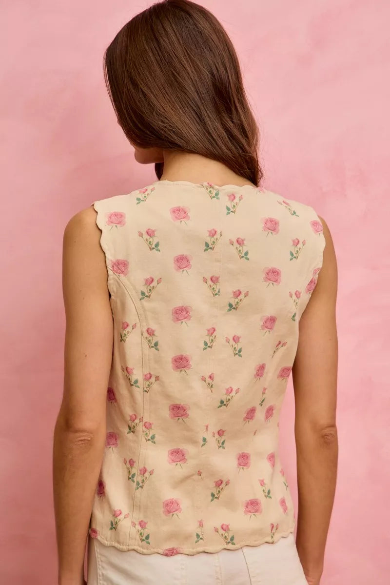 SO ME Floral Rose Cotton Twill Scallop Button Vest Top Trendsi