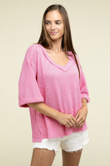 Brushed Waffle Relaxed 3/4 Sleeve Top ZENANA   