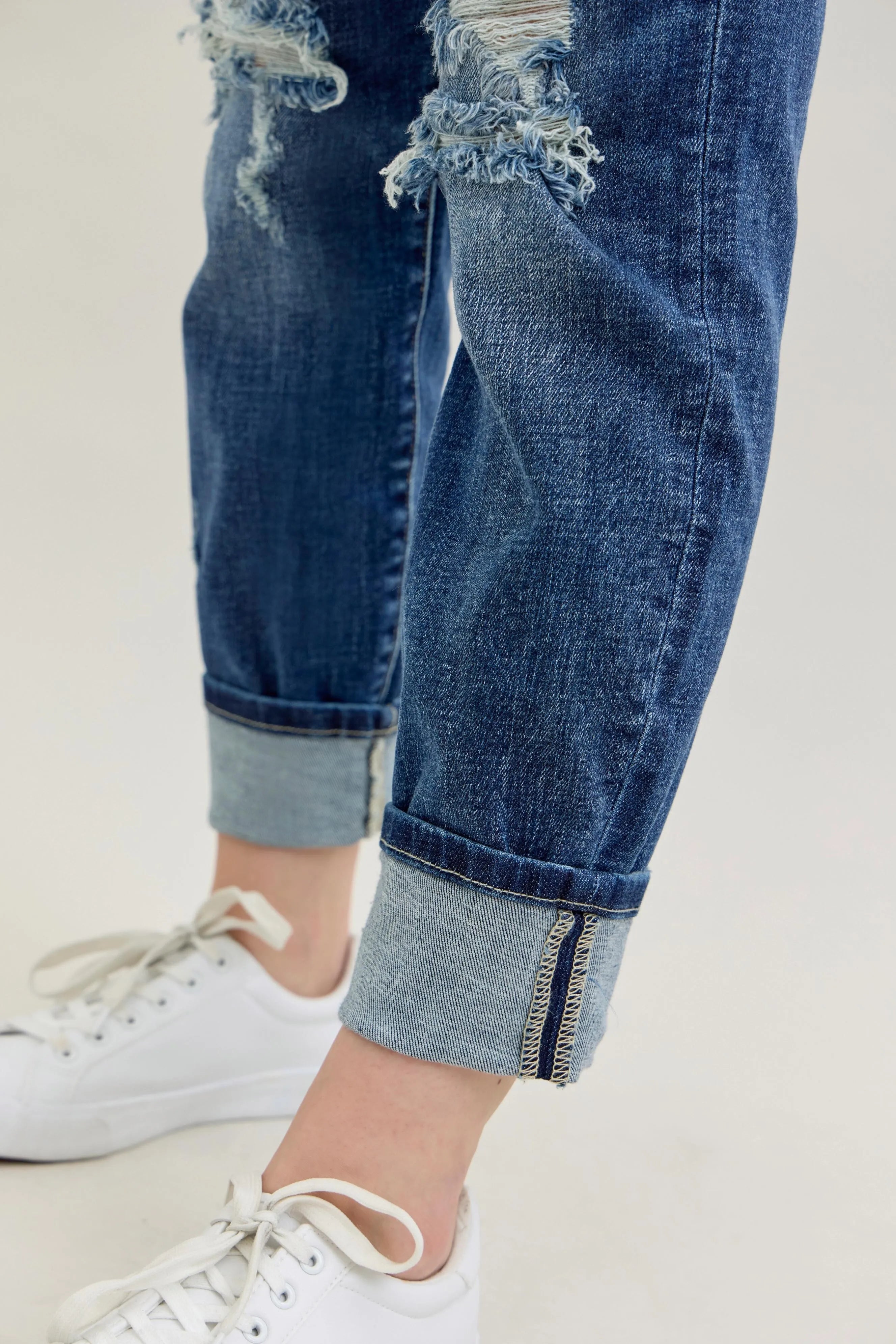 Mid Rise Cuffed Destroy Bf Jeans With Plus Size Judy Blue