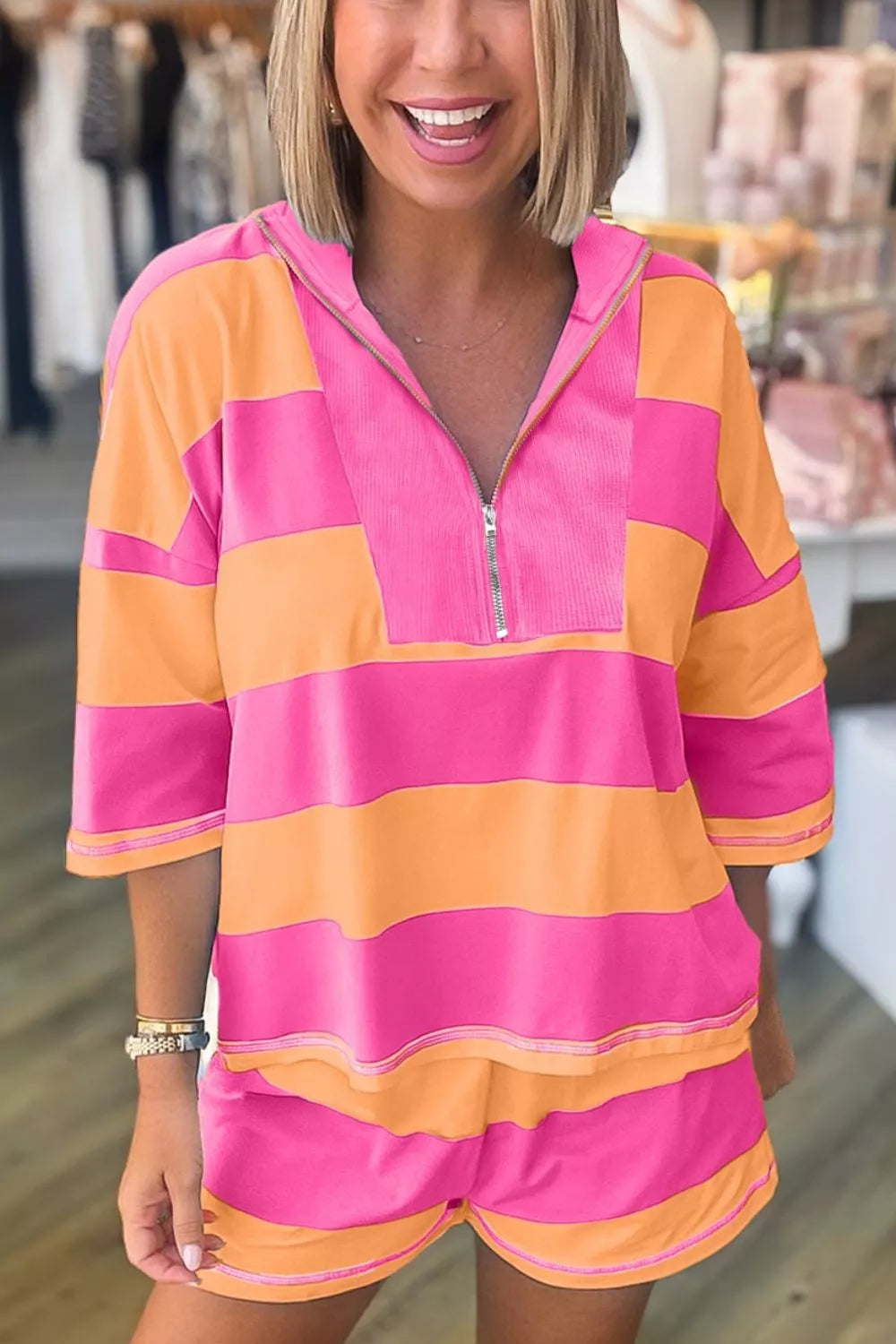 Stripe Long Sleeve Casual Top Drawstring Shorts Set Simmer & Fay