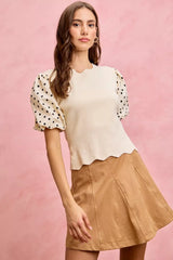 SO ME Polka Dot Contrast Woven Ballon Sleeve Blouse Trendsi