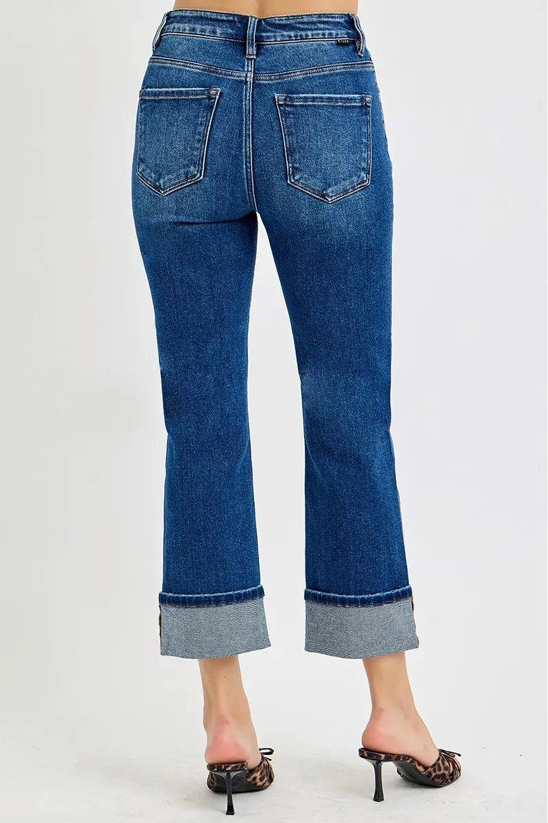 High Rise Ankle Straight Cuffed Jeans With Plus Size Risen