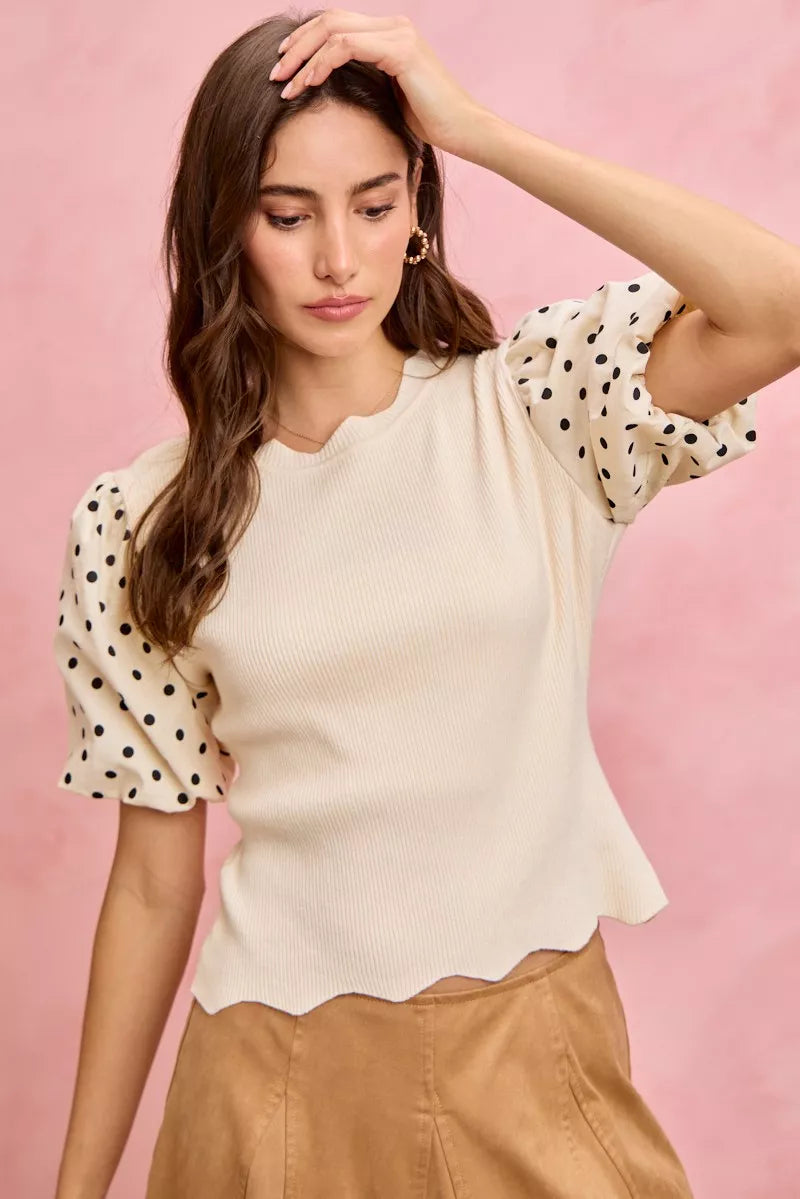 SO ME Polka Dot Contrast Woven Ballon Sleeve Blouse Trendsi