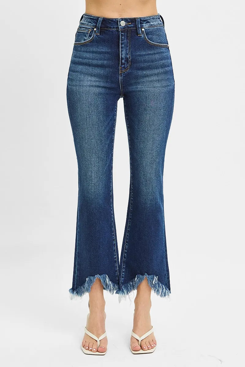 High Rise Crop Bootcut Fray Hem Jeans Plus Size Risen Dark 11(30)