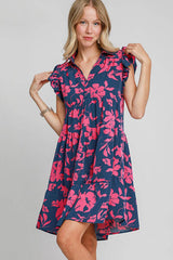 Floral Print Ruffle Cap Sleeve Tiered Dress Umgee NAVY/PINK S