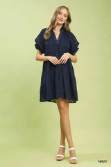 Textured Tiered Ruffle Collar Mini Dress Umgee NAVY S