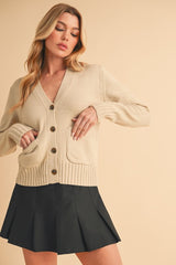 Ribbed Hem Button Down V-Neck Cardigan Aemi + Co