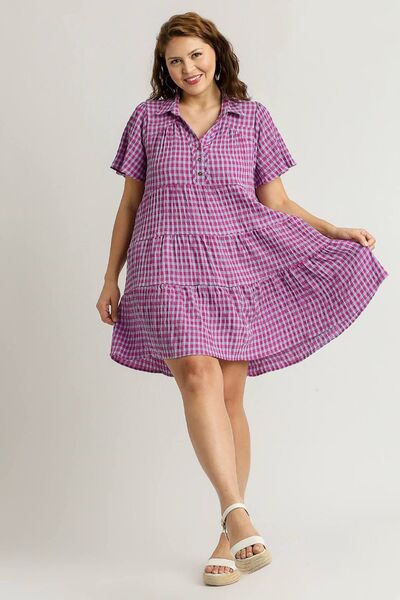 Gingham Tiered Button Detail Short Sleeve Dress Umgee