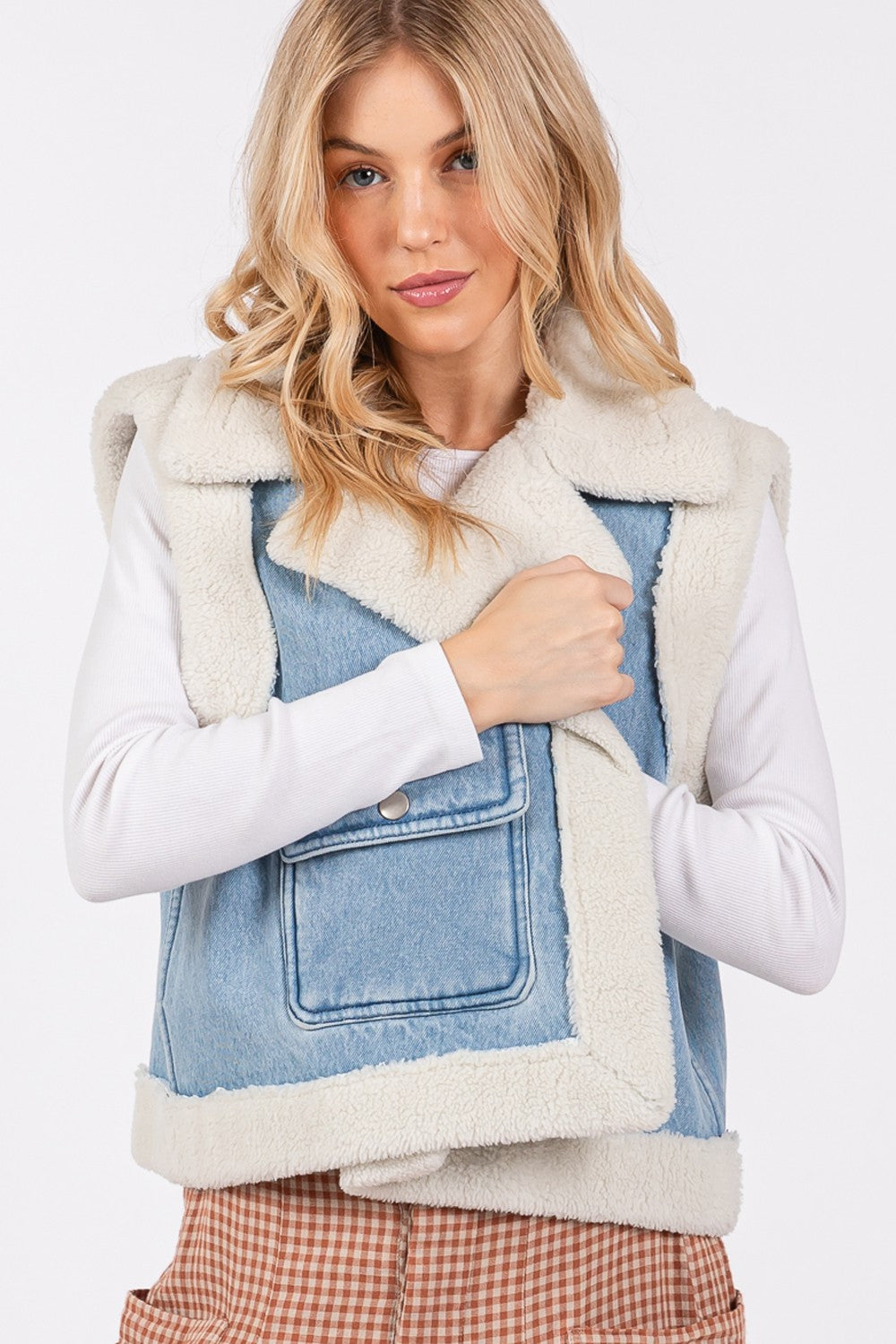 Pocketed Collared Neck Sherpa Vest Sage + Fig   