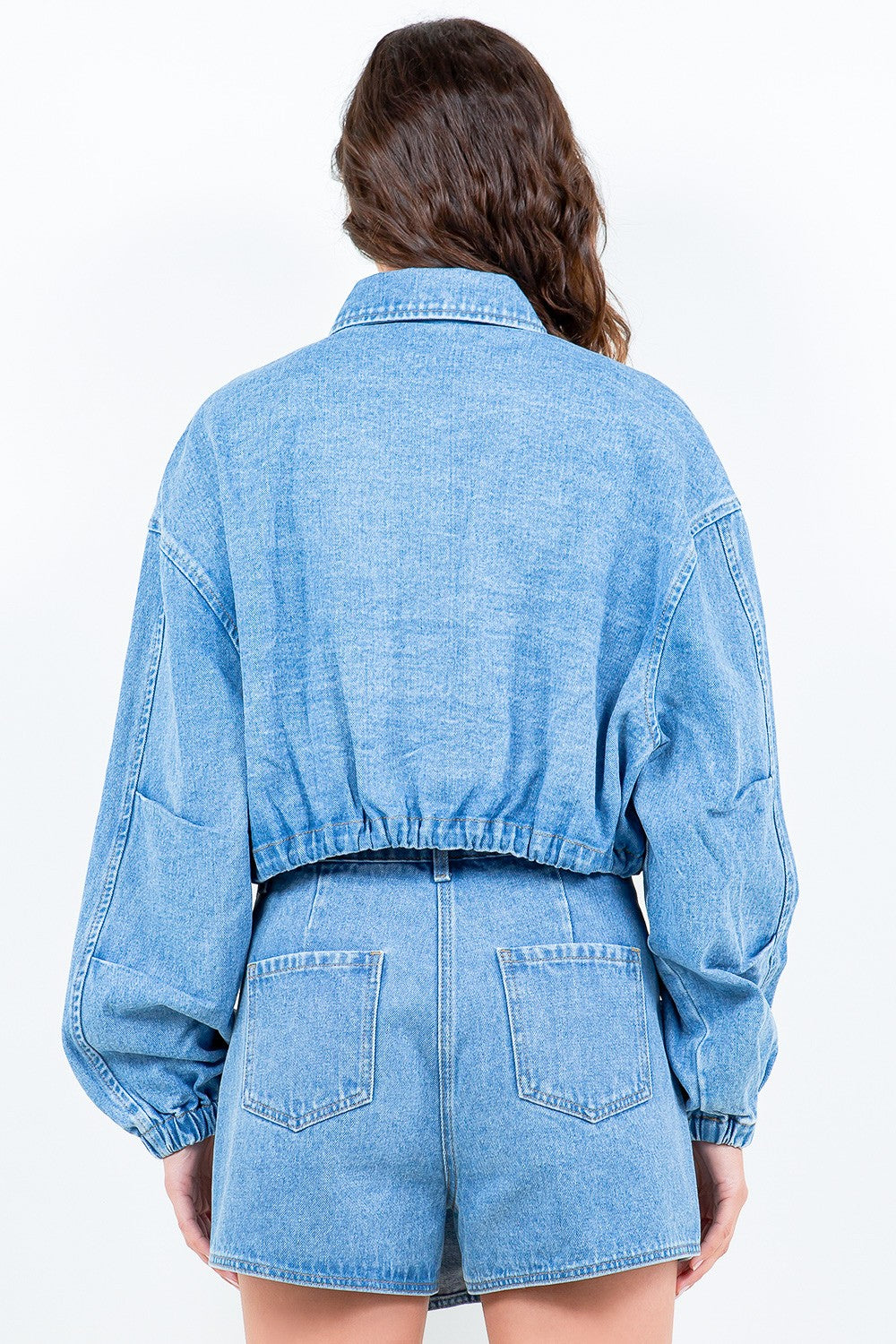 Drawstring Waist Crop Trucker Denim Jacket American Bazi   