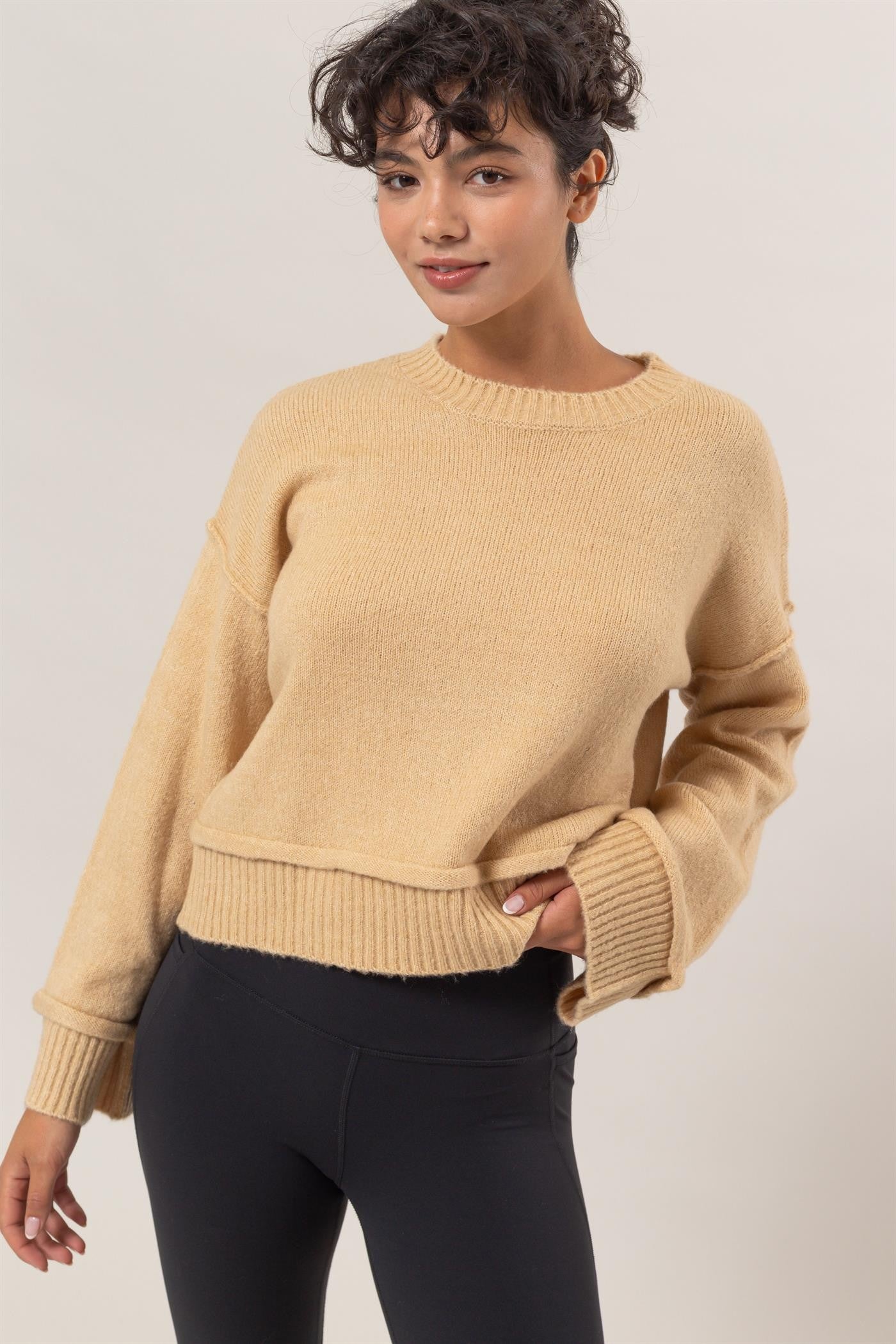 Round Neck Dropped Shoulder Ribbed Sweater HYFVE   