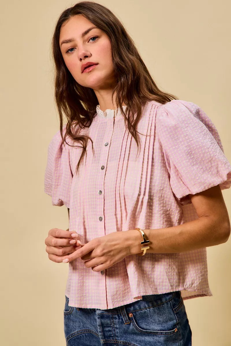 Gingham Lace Trim Button Bubble Sleeves Blouse So Me