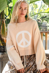 Round Neck Long Sleeve Peace Sign Sweater POL   