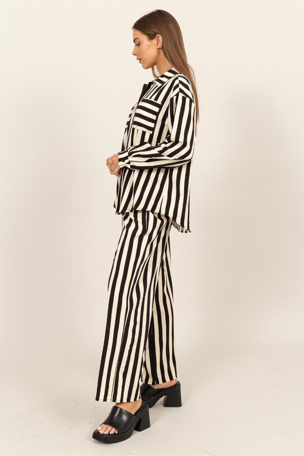 Monochrome Striped Button Shirt & Wide-Leg Pants Set HYFVE   