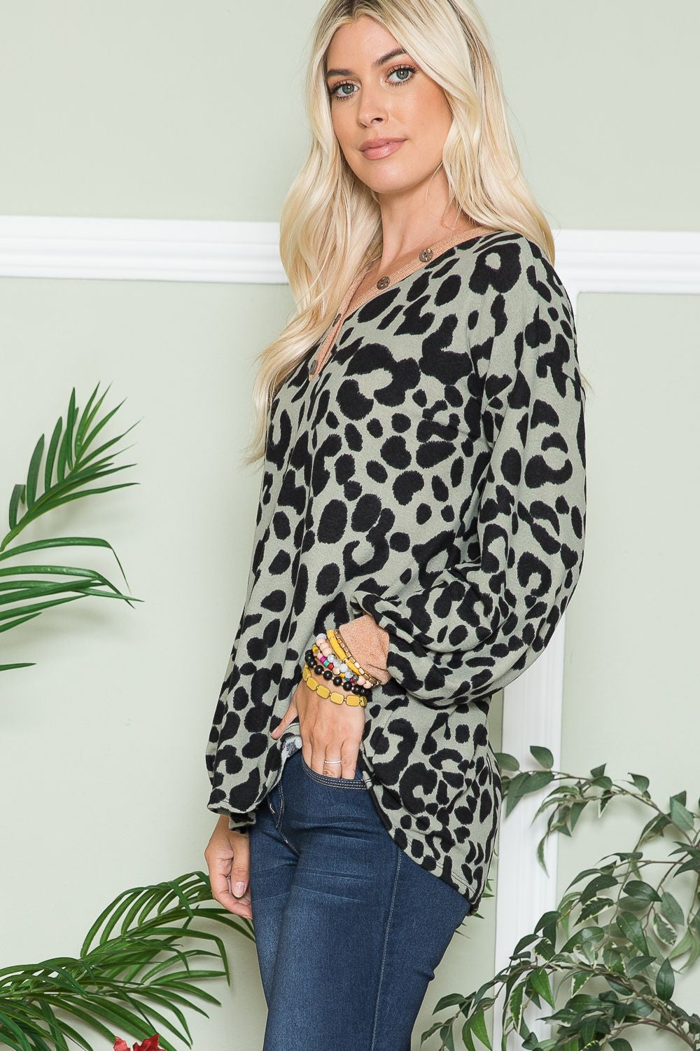 Leopard V-Neck Long Sleeve Blouse Celeste   