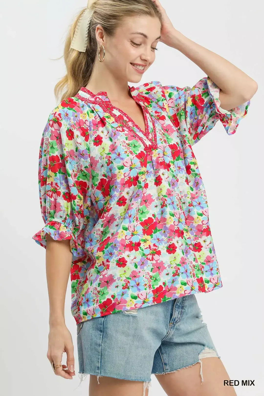 Mix Floral Print Ruffle Top Umgee
