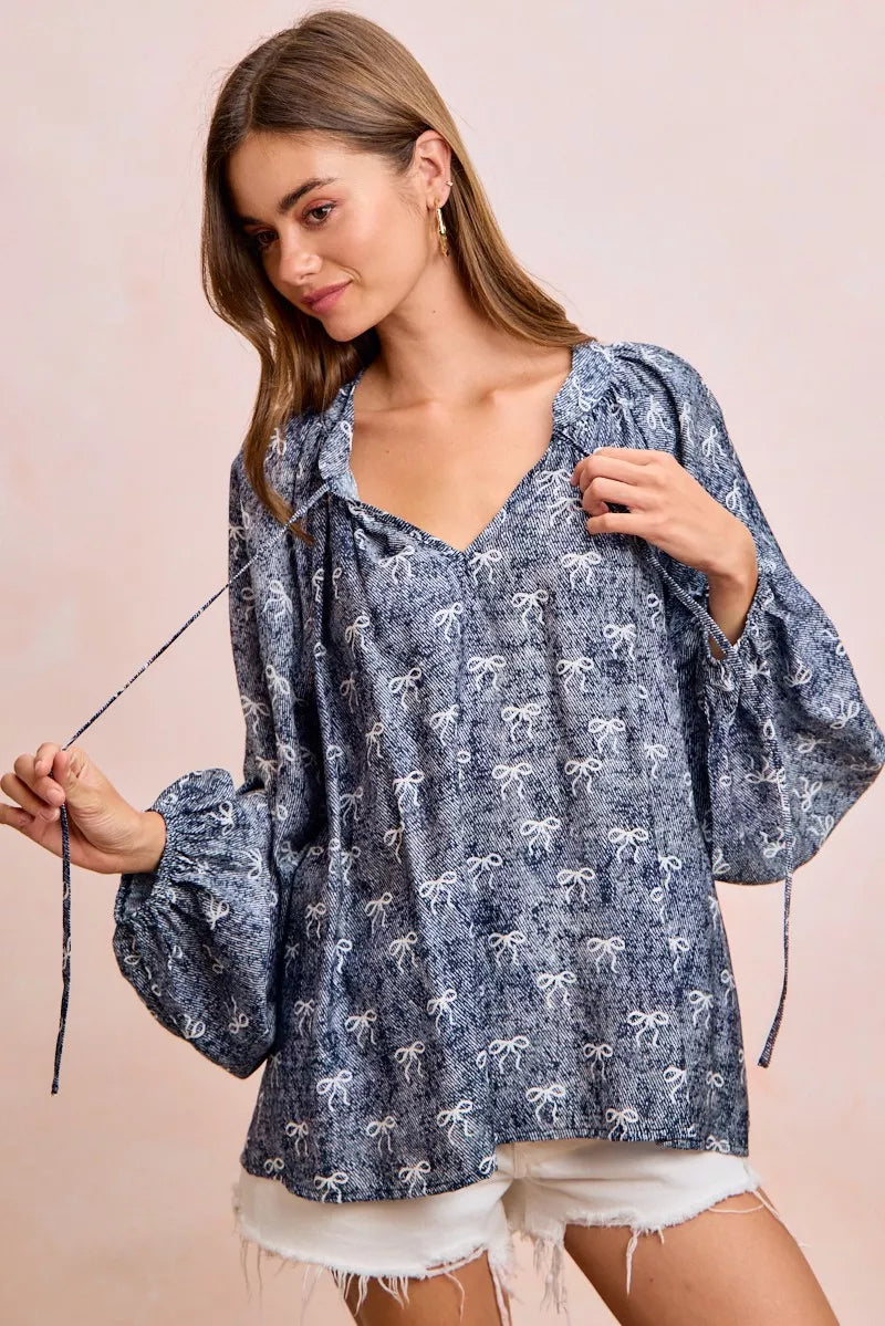Ribbon Bow Print Exaggerated Balloon Sleeves Top BiBi