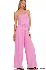 Acid Washed Strapless Tube Top Jumpsuit ZENANA MAUVE S
