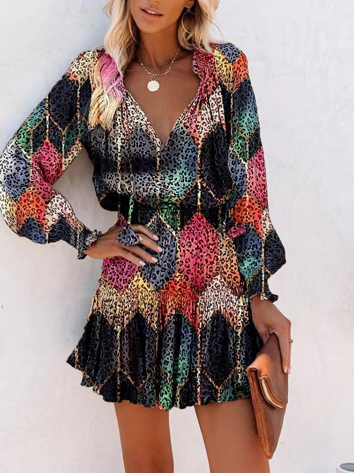 Tie Neck Lantern Sleeve Dress Simmer & Fay Black Leopard S