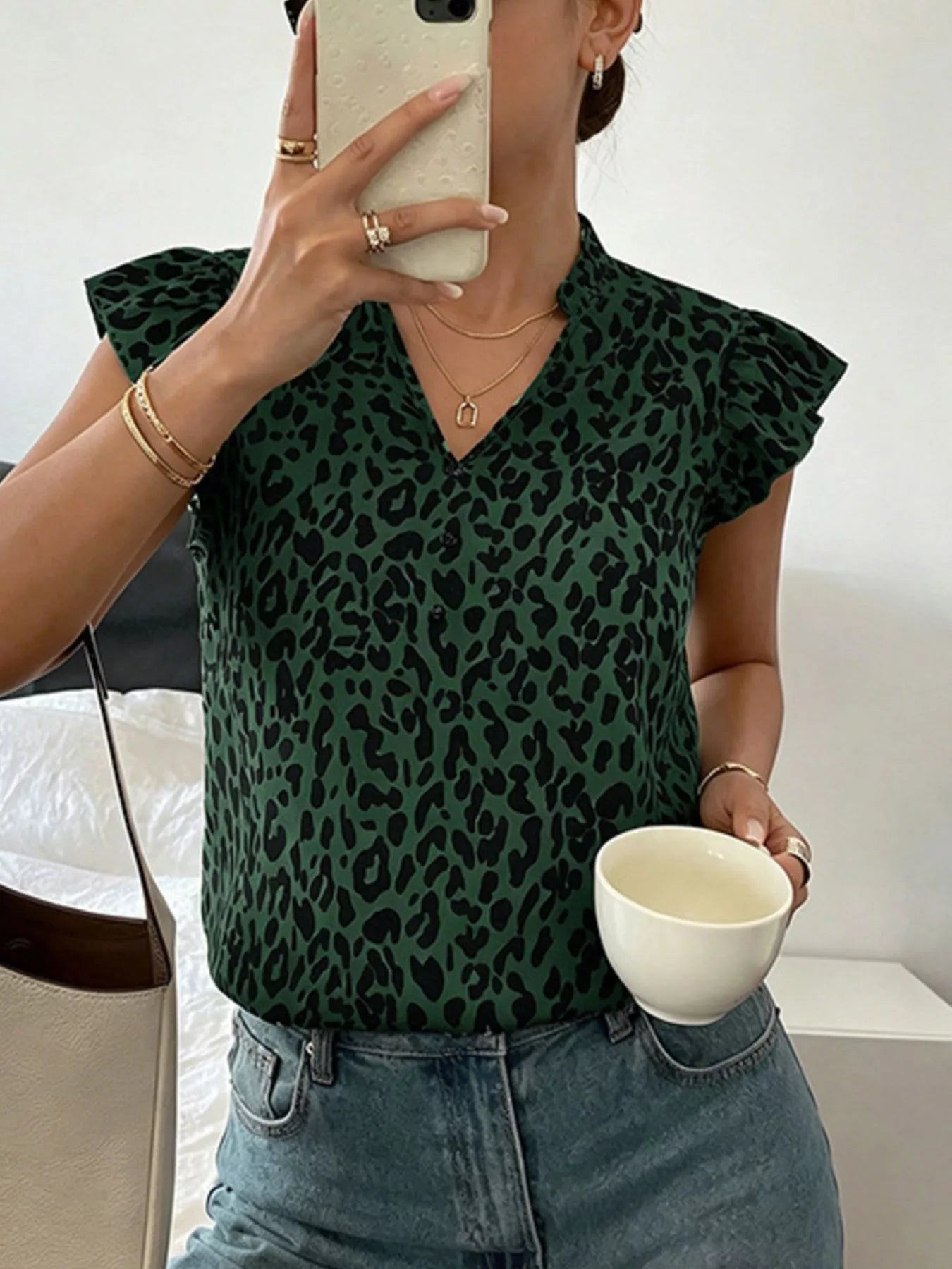 Leopard Print Ruffle Sleeve Blouse Simmer & Fay