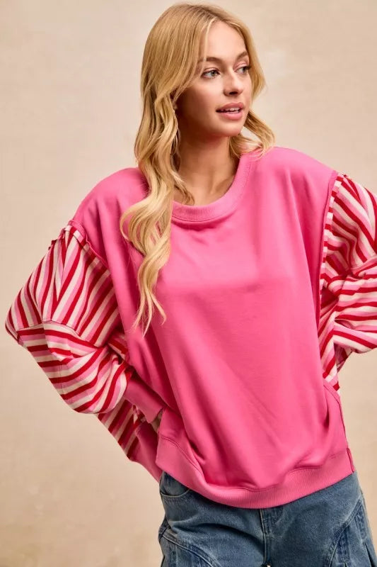 French Terry Stripe Combo Sweatshirt with Open Seam BiBi