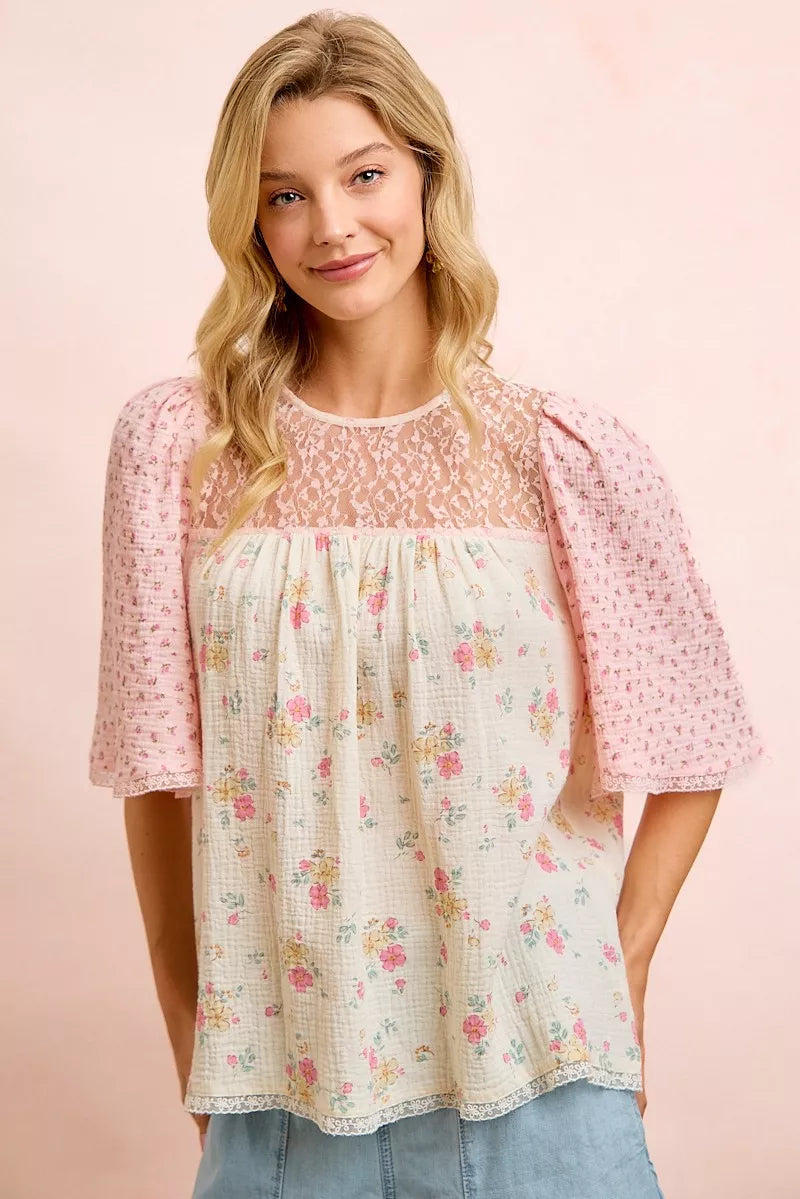 BiBi Crinkle Floral Gauze Mix And Matched Blouse Top in 100% cotton with lace yoke, floral print, and pink textured puff sleeves