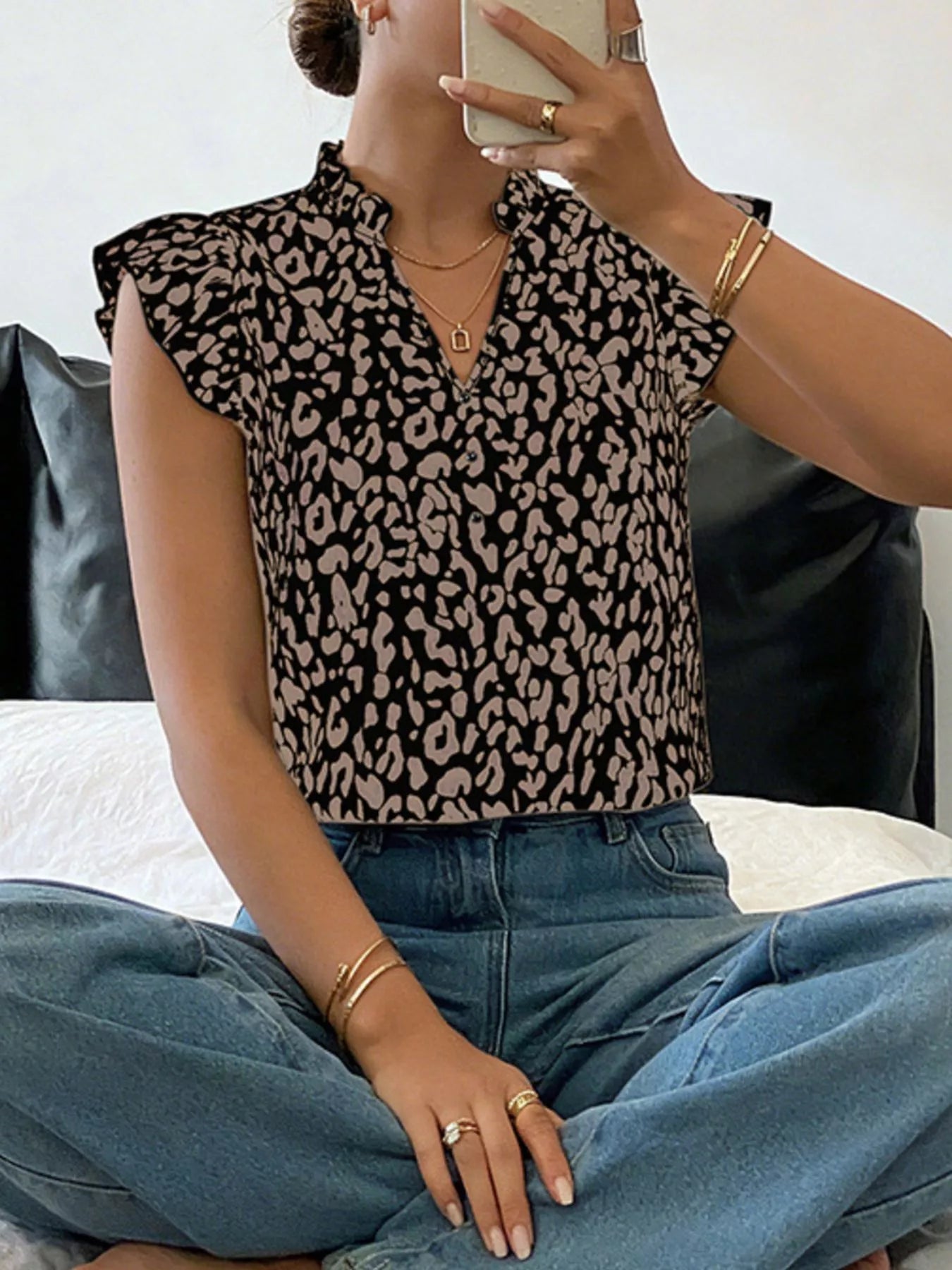 Leopard Print Ruffle Sleeve Blouse Simmer & Fay