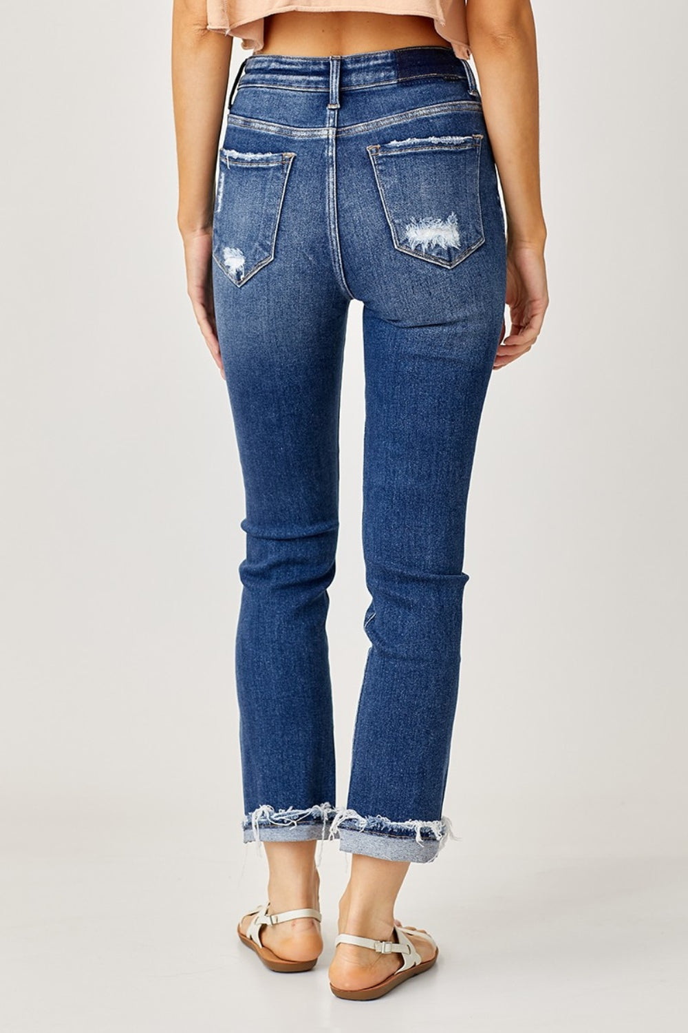 High-Rise Cat Whisker Frayed Cuffed Straight Jeans Risen   